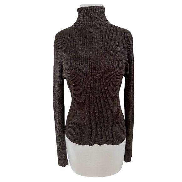 SOPHIE CHANG Vintage Women’s Tiny Knit Silk Turtleneck Size L Brown w/ Gold Yarn - Picture 1 of 5